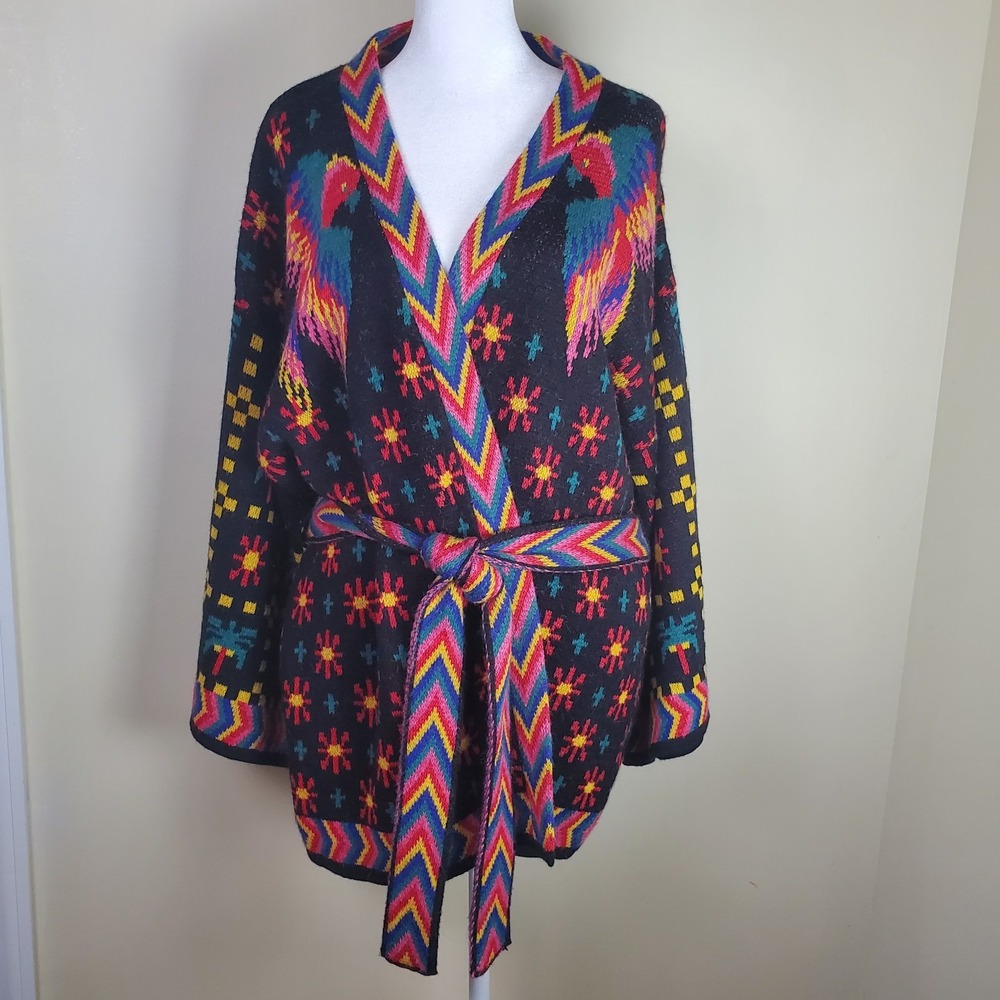 NWT Farm Rio Macaw Night Belted Kimono Cardigan Sweater Tropical Wild Colorful - Picture 5 of 10